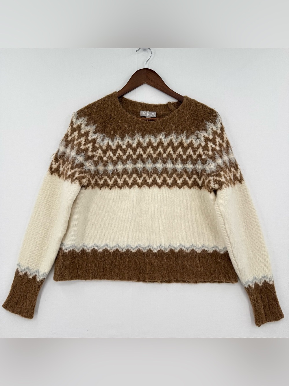J.Crew Alpaca Wool Blend Fair Isle Sweater Women’s XL Brown Cream Boho Cozy - Picture 2 of 10